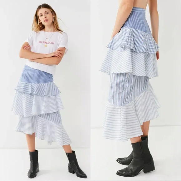 Urban Outfitters Blue Striped Laura Tiered Ruffle Midi Skirt, Size M, 100%Cotton - Picture 2 of 10